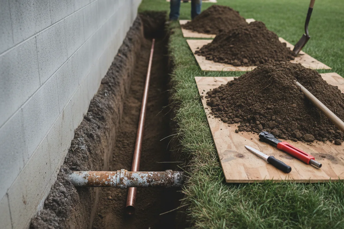 Excavated water line trench during Water Heater Repair in Trinity
